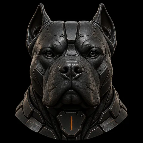 The armoured Cane Corso's head, head-on, with the orange slit of his collar tag glowing.