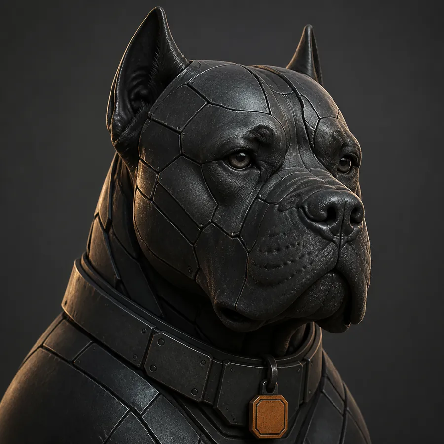 Crib's mascot in three-quarter profile: an armoured Cane Corso in blackened steel plating, heavy-jowled, with an orange-slit tag on his collar, looking past the camera.